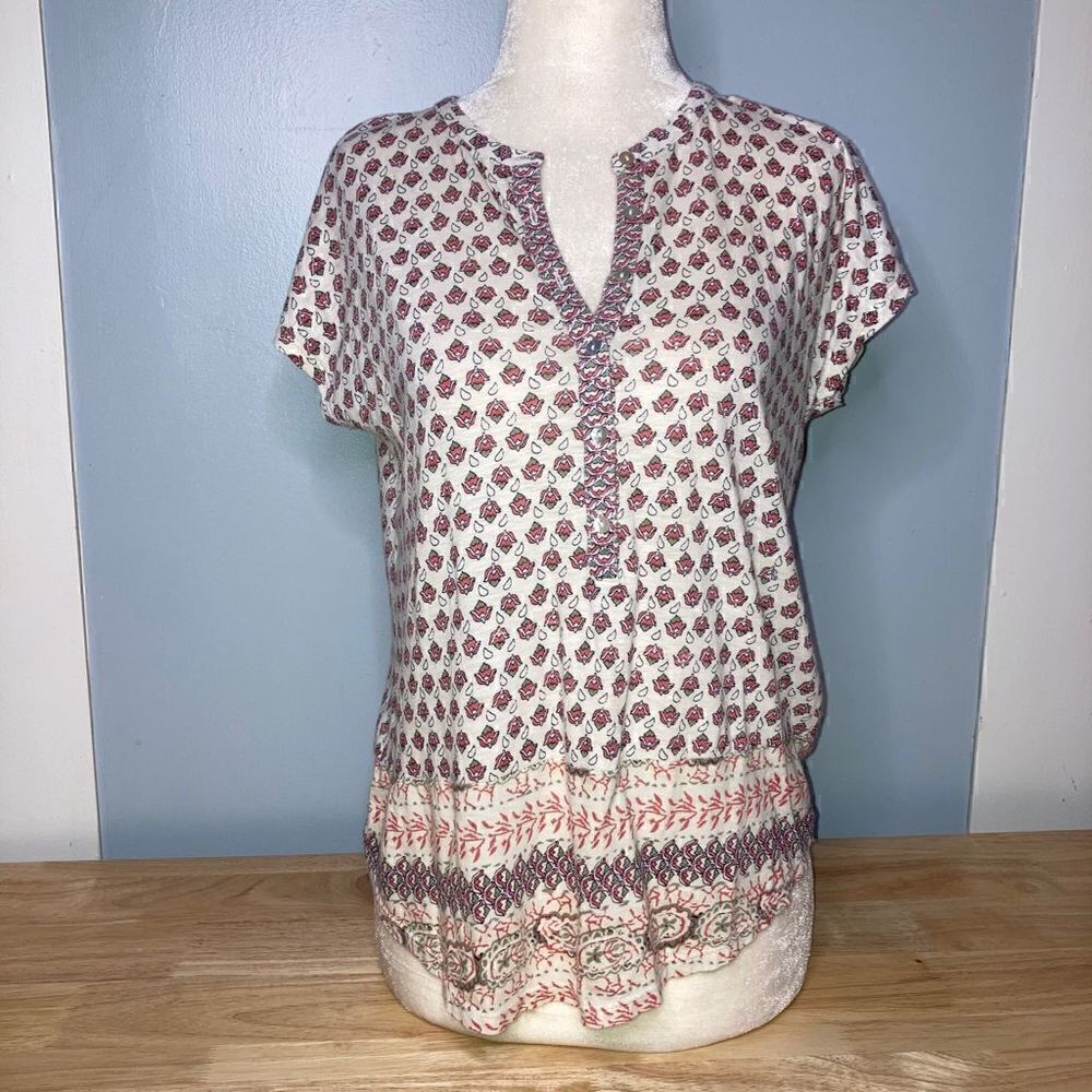 Lucky Brand, Short Sleeve 1/4 Button Down Boho Patterned Top Small Women